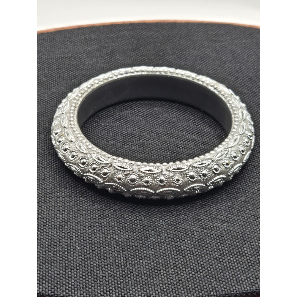 Silver Tone Embossed Bangle Bracelet Ornate Beaded Textured Slip On 8 Inch